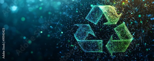 Futuristic wireframe recycling symbol with a glowing digital network background