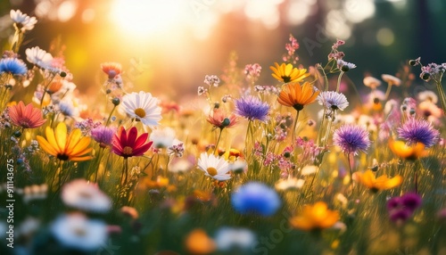 Vibrant Wildflowers Blooming in a Sunlit Meadow