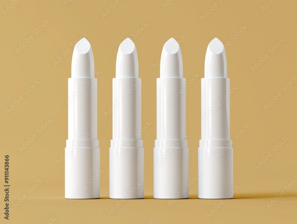 Mockup of blank white lipstick tubes arranged in a row on a dressing table Mockup of blank white lipstick tubes arranged in a row on a dressing table