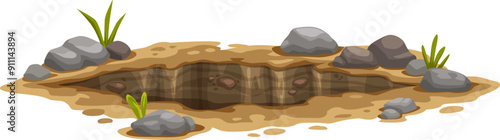 Ground hole, deep dirty pit and burrow in earth, cartoon vector underground dig. Hole in soil or pit hollow and underground burrow of groundhog or mole in soil with grass and dirty stones on edges