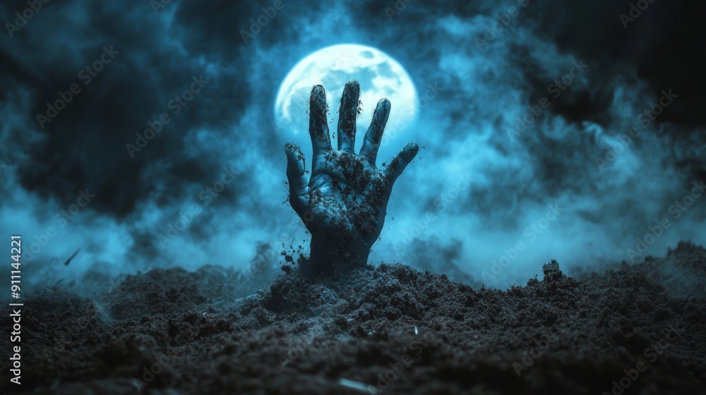 Zombie Hand Reaching From Grave Under a Full Moon Zombie Hand Reaching From Grave Under a Full Moon