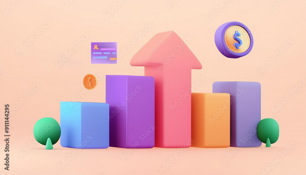 3D illustration of colorful bar graph with upward arrow, depicting financial growth and economic success in a business context. 3D illustration of colorful bar graph with upward arrow, depicting financial growth and economic success in a business context.