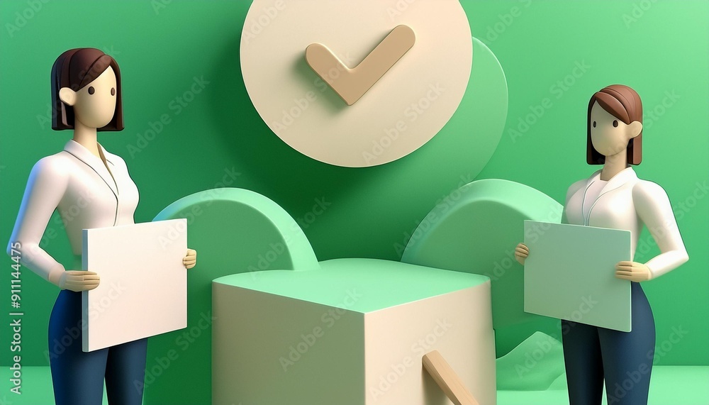 3D illustration of two women holding blank signs with a checkmark symbol and geometric shapes on a green background. 3D illustration of two women holding blank signs with a checkmark symbol and geometric shapes on a green background.