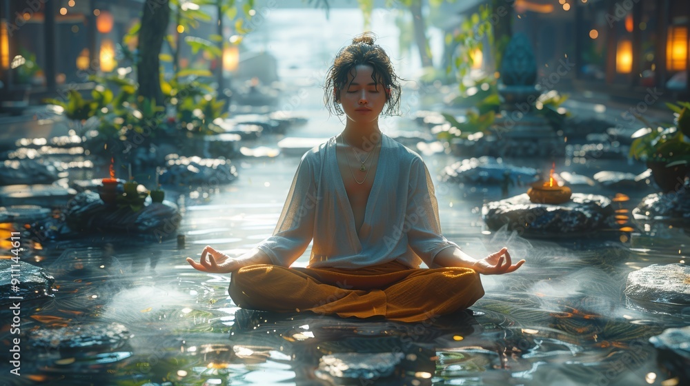 Woman Meditating Peacefully in Tranquil Water Garden at Dusk Near Softly Glowing Lanterns Woman Meditating Peacefully in Tranquil Water Garden at Dusk Near Softly Glowing Lanterns