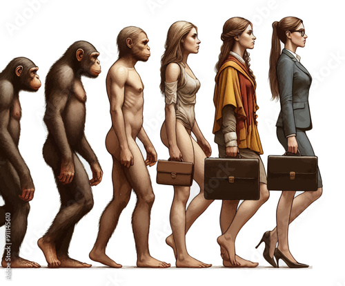 evolutionary progression of a woman from primate to modern professional, highlighting societal and cultural development fictional character vector illustration. 