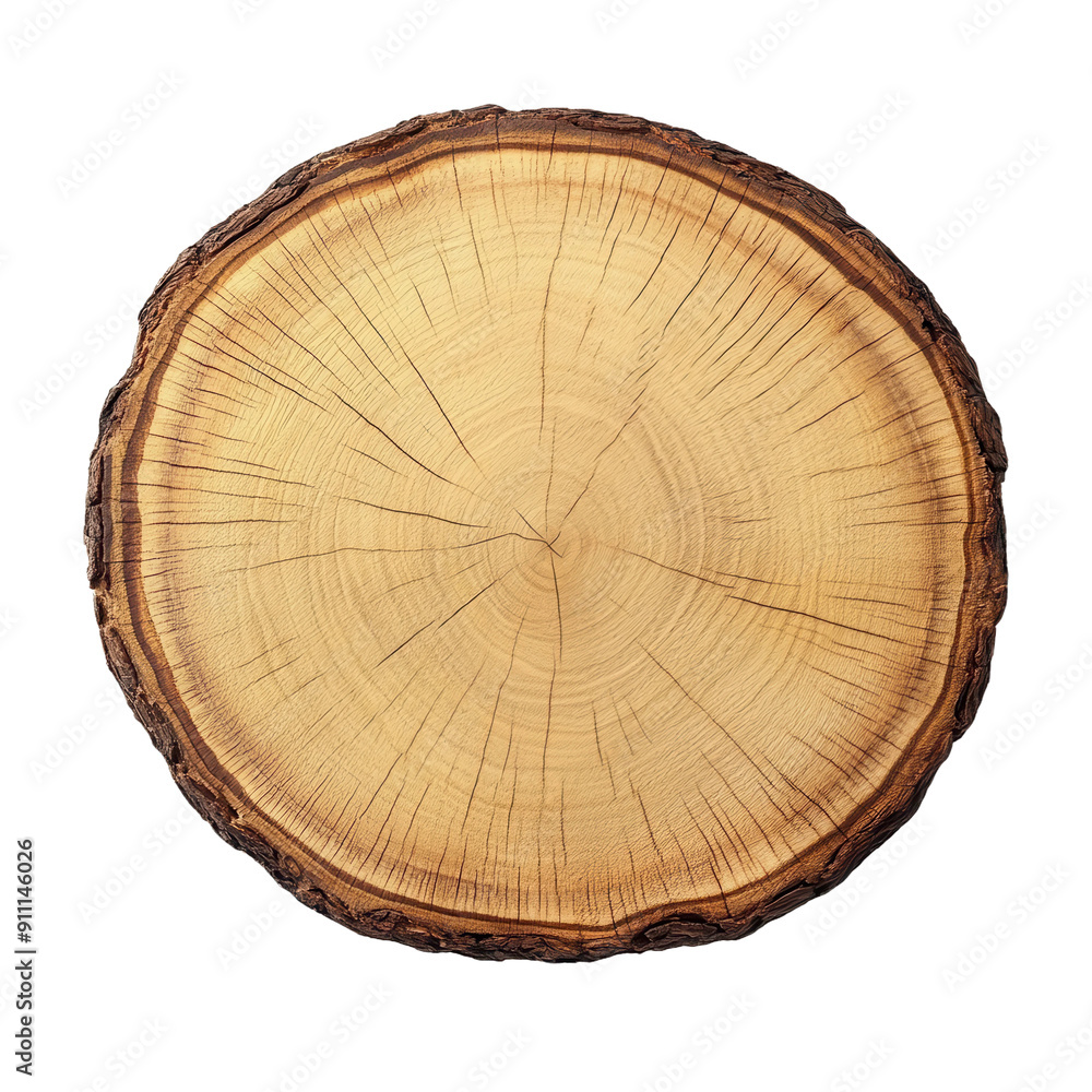 Fototapeta premium Empty Wood Slice Sign With Engraved Border Isolated on White Background