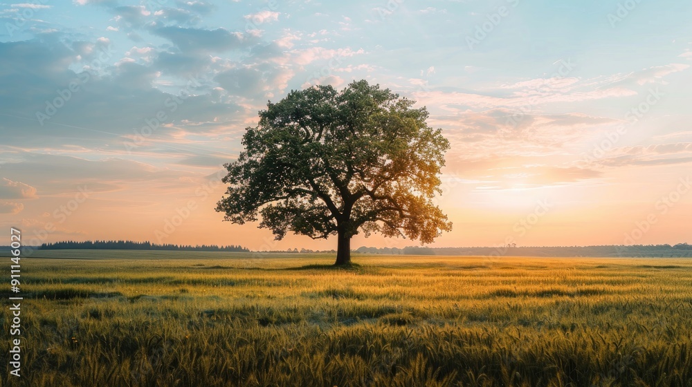 Fototapeta premium Isolated tree in field at sunset