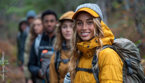 Group of friends from different ethnicities hiking in the woods