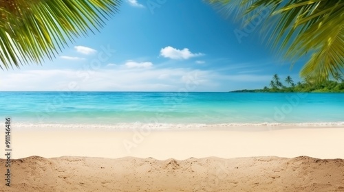 Tropical beach with white sand and palm trees. Seascape.