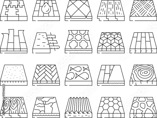Floor Material Layers Renovation Icons Set Vector. Tile And Parquet, Stone And Wooden Floor Material, Linoleum And Carpet, Children Play Room And Sport Ground Flooring Contour Illustrations