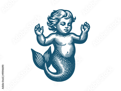 Cute baby mermaid boy. vintage engraving vector illustration. Logo, print, emblem