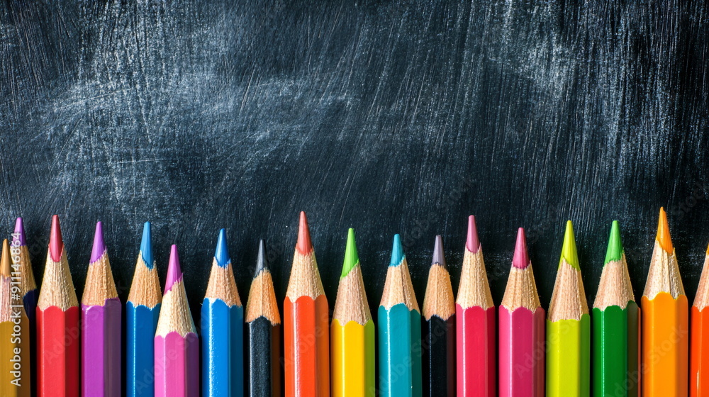 colorful pencils in front of a black board colorful pencils in front of a black board