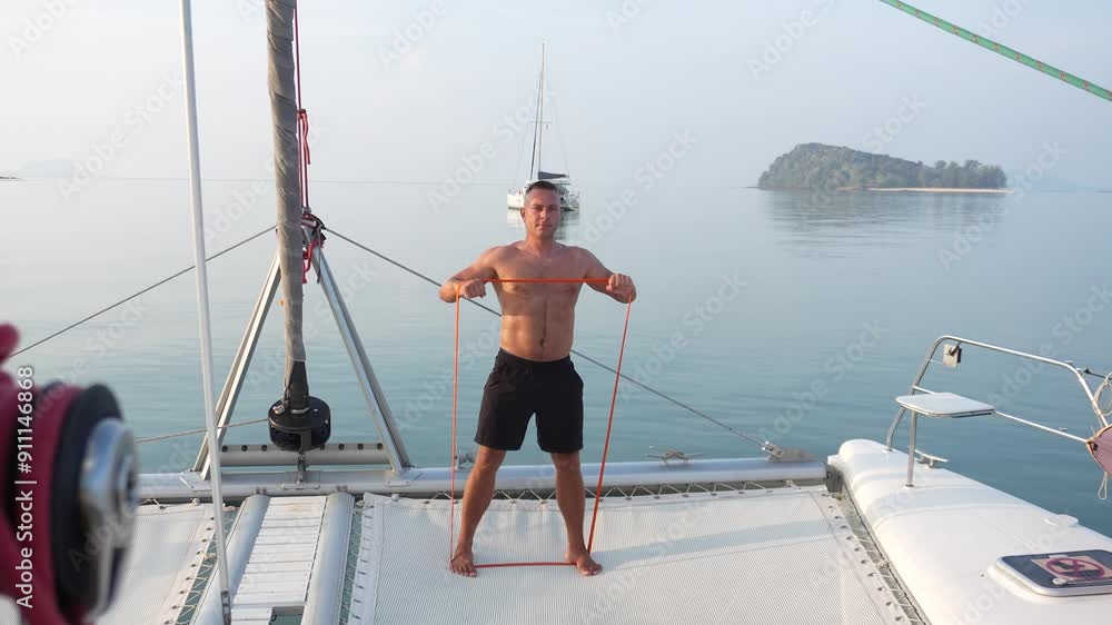 A man does exercises on a yacht, a man with a rubber band, exercises on vacation A man does exercises on a yacht, a man with a rubber band, exercises on vacation