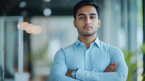 A person wearing a blue shirt stands with his arms crossed, casual and relaxed