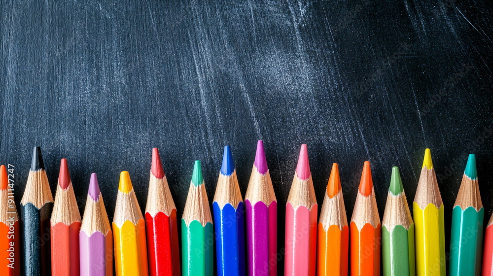 colorful pencils in front of a black board
