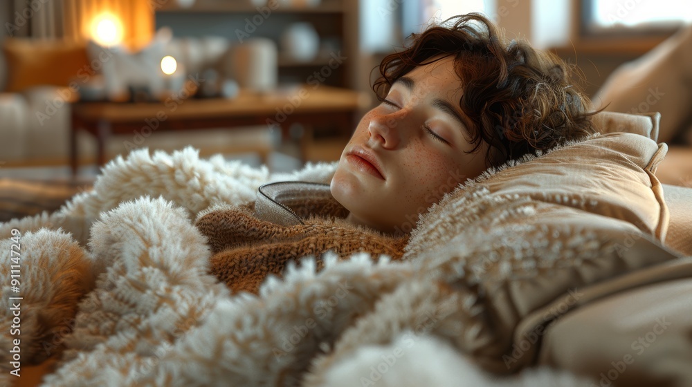 Cozy Young Person Resting Comfortably on a Sofa in a Warm, Inviting Living Room Cozy Young Person Resting Comfortably on a Sofa in a Warm, Inviting Living Room