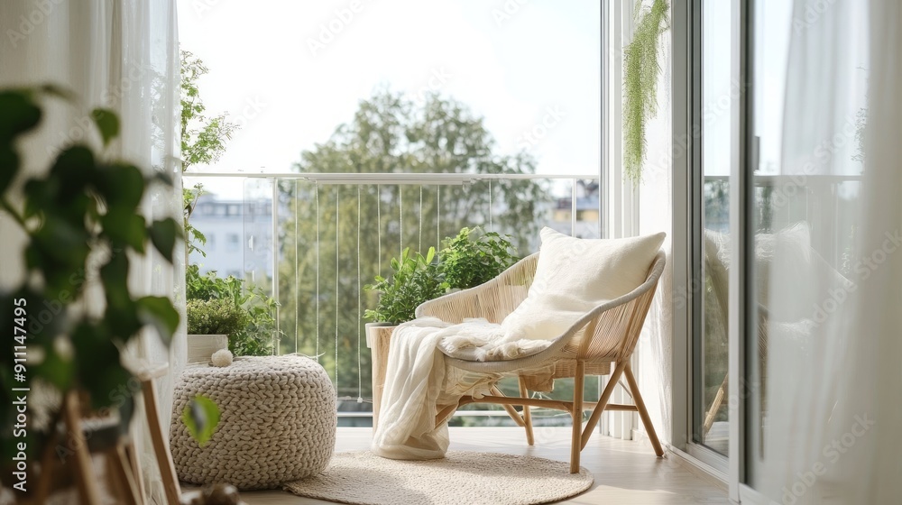 Fototapeta premium Cozy Balcony Retreat with Wicker Chair and Lush Greenery