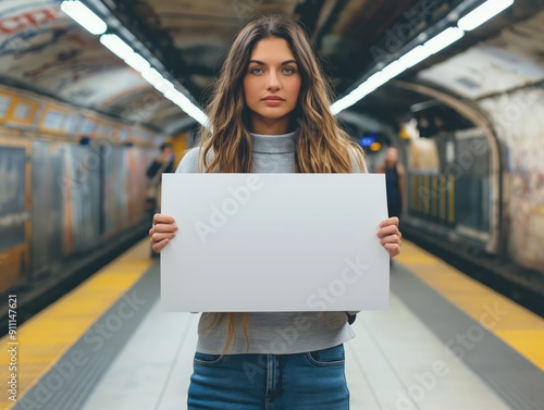 Young woman holding a blank white poster mockup in a subway station
