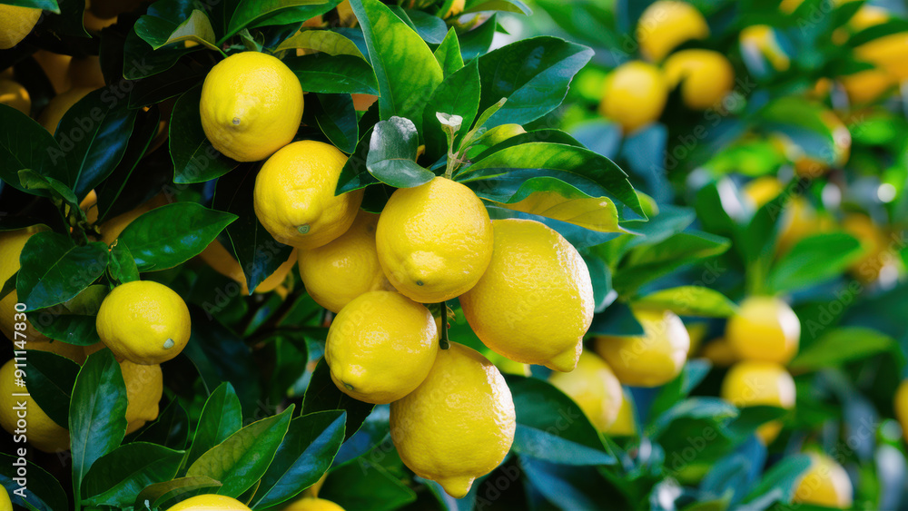 A bunch of lemons are growing on a tree in the garden, AI
