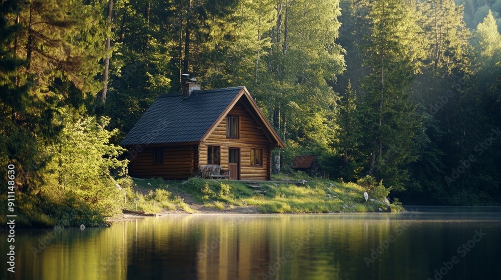 Wooden Cabin on a Tranquil Lake in a Lush Forest Wooden Cabin on a Tranquil Lake in a Lush Forest