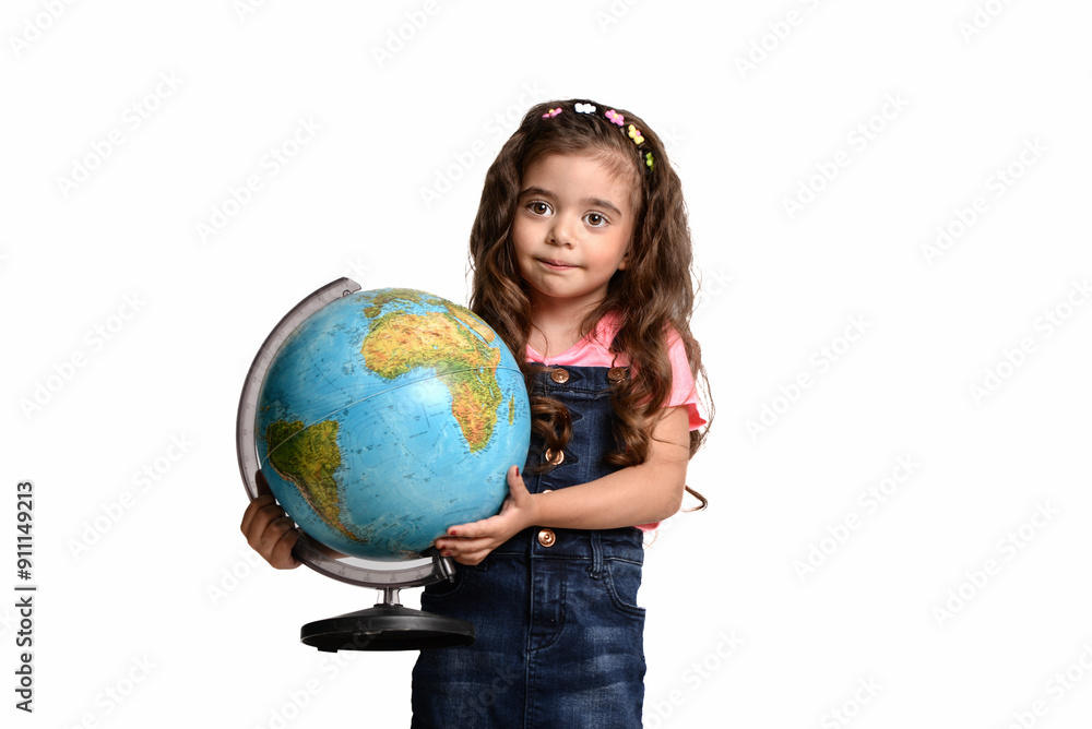 Smiling happy little girl holding globe with care and love in white background Smiling happy little girl holding globe with care and love in white background
