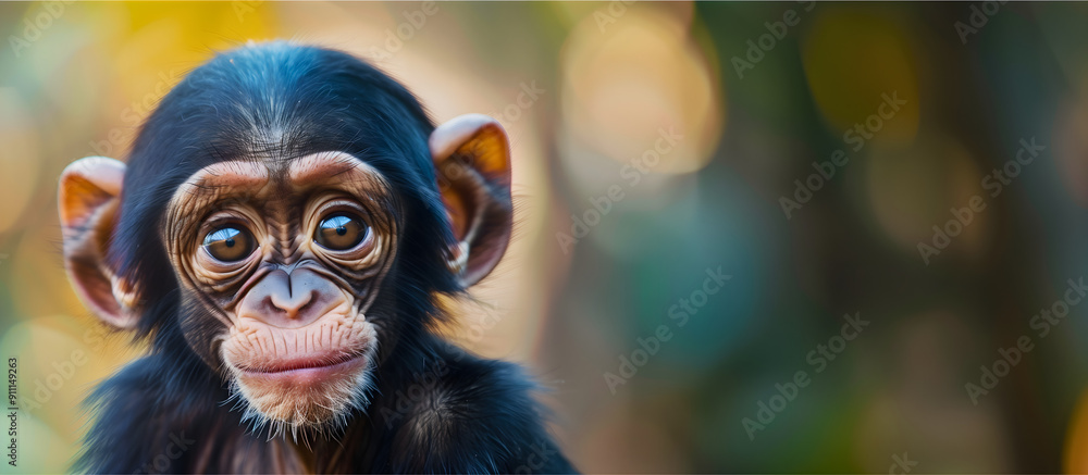 portrait of a chimpanzee with blurred background; young pan troglodytes; copy space; concept of animal rights, endangered species, helping the wildlife portrait of a chimpanzee with blurred background; young pan troglodytes; copy space; concept of animal rights, endangered species, helping the wildlife