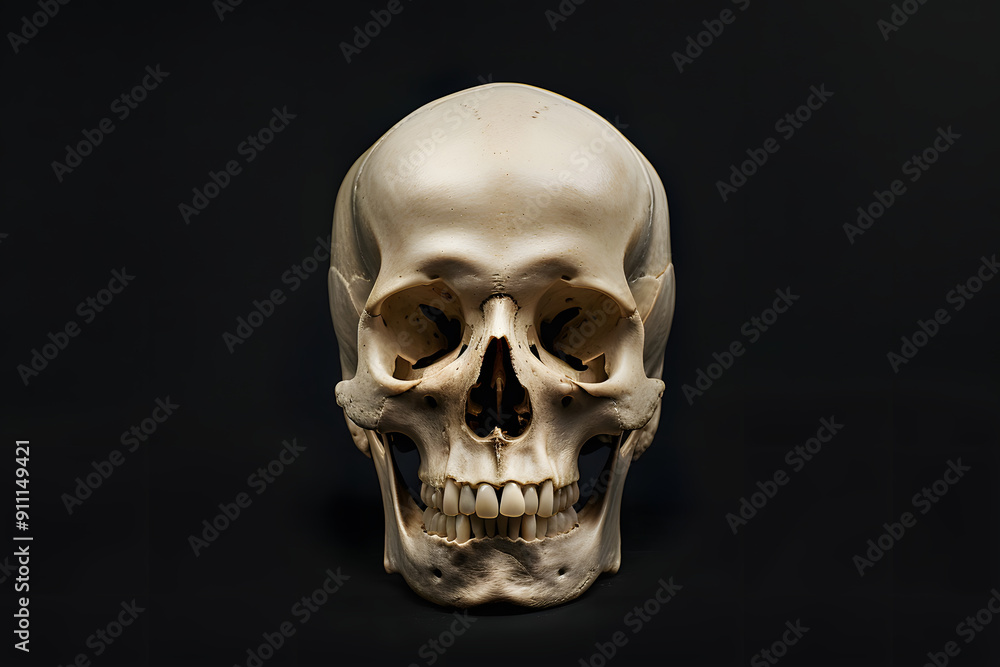 Fototapeta premium Frontview of natural human skull on isolated black background