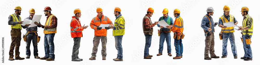 set of A foreman discussing plans with construction workers, Foreman Reviewing Construction, Foreman Collaborates, Foreman Leads Discussion, Foreman Explains Project, on a transparent backgrounds set of A foreman discussing plans with construction workers, Foreman Reviewing Construction, Foreman Collaborates, Foreman Leads Discussion, Foreman Explains Project, on a transparent backgrounds