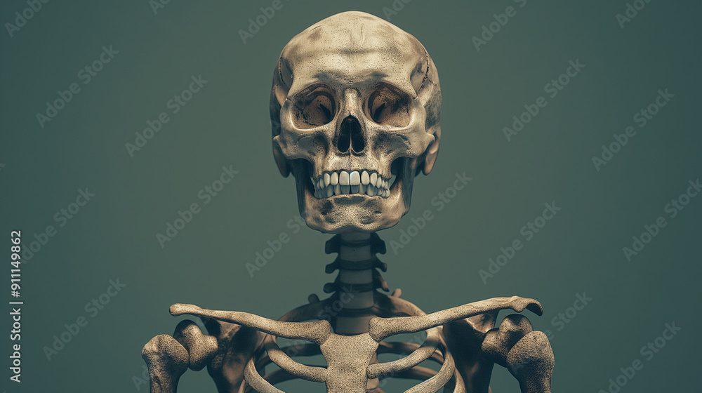 A skeleton is standing in front of a gray wall A skeleton is standing in front of a gray wall