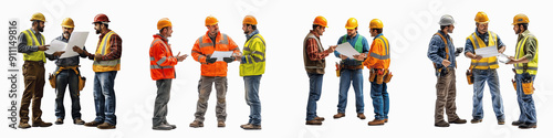set of A foreman discussing plans with construction workers, Foreman Reviewing Construction, Foreman Collaborates, Foreman Leads Discussion, Foreman Explains Project, on a transparent backgrounds