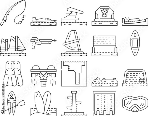 Water Sports Active Occupation Icons Set Vector. Kayak And Sap Board, Freediving Pool And Swimming, Volleyball And Basketball Water Sports, Fishing And Spearfishing Contour Illustrations