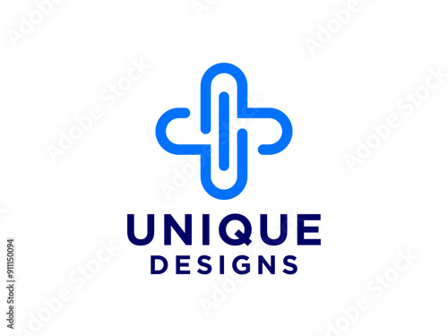 Healthcare Medical Logo. Blue Linear Rounded Cross Sign Health Icon.
