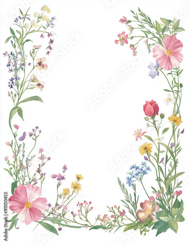 rectangular watercolor floral frame, thin sides, with white background 