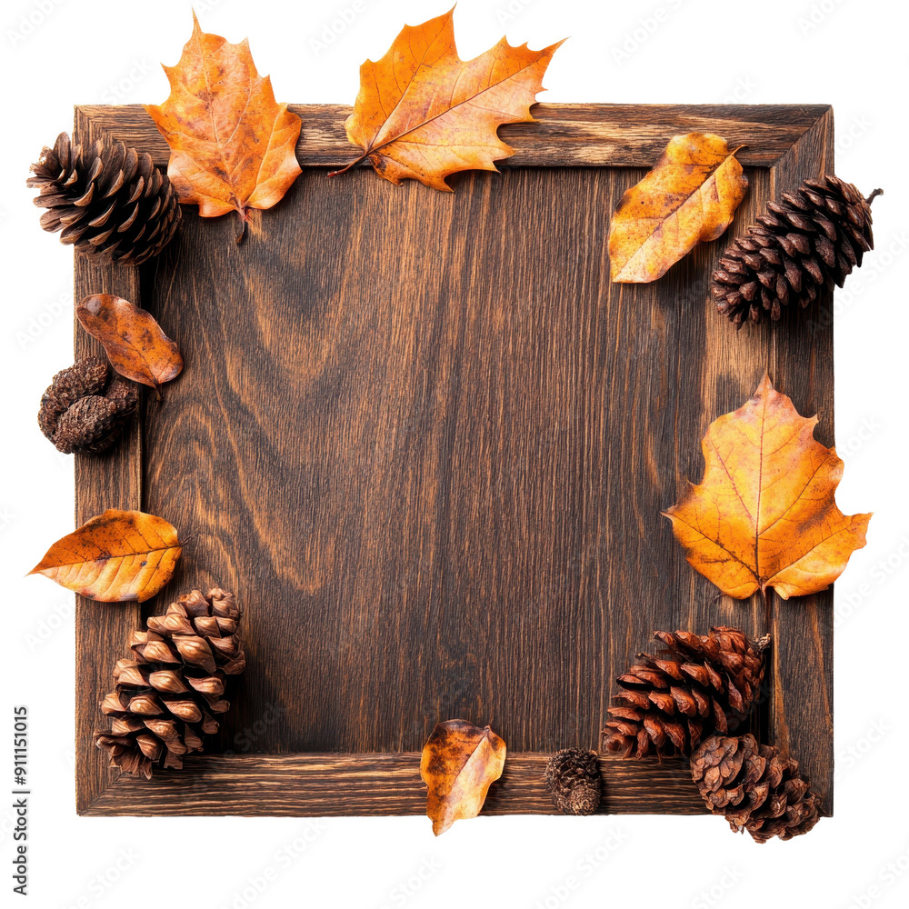 Fototapeta premium Wooden Plaque Surrounded By Autumn Leaves And Pinecones