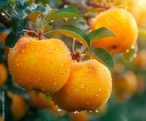 Ripe apples on a tree branch in an orchard in Autumn photo