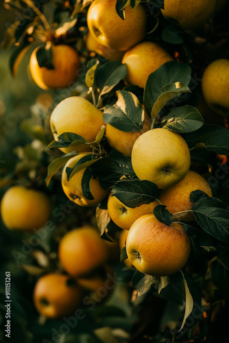 Ripe apples on a tree branch in an orchard in Autumn photo