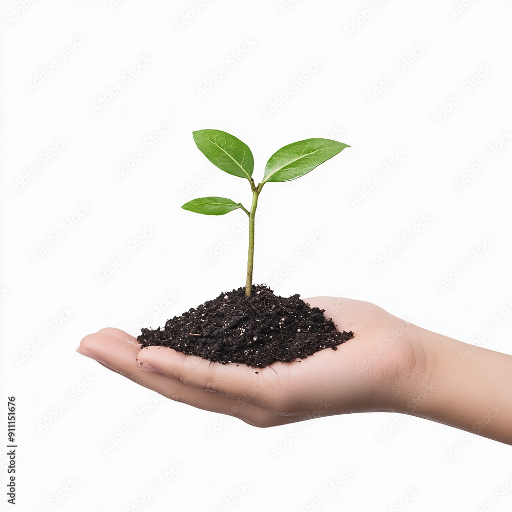 Hand Holding A Small Plant With Soil On White Background. Minimalist Artistic Rendering
Hand Holding A Small Plant With Soil On White Background. Minimalist Artistic Rendering