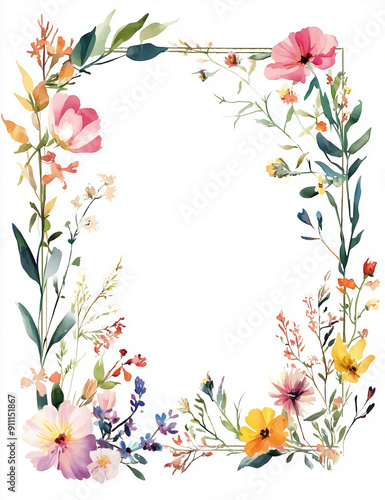rectangular watercolor floral frame, thin sides, with white background 