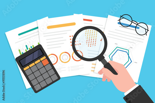 Calculate data with hand holding a magnifying glass and calculator, Data document for calculate and business analyst.