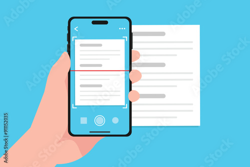 Document scan with mobile app camera, Text recognition and scanning with smartphone on hand holding.