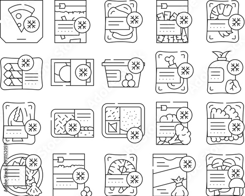 Frozen Food Storage Packaging Icons Set Vector. Broccoli And Mushrooms Vegetable Frozen Nutrition, Crab And Shrimp Seafood, Pizza and Dumplings Delicious Meal Contour Illustrations