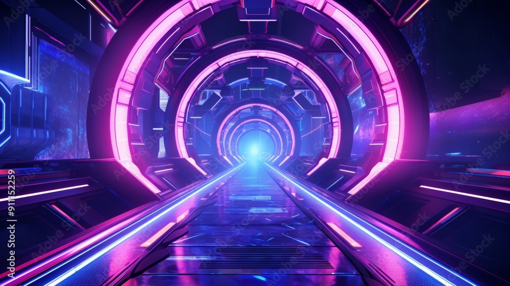 Futuristic neon tunnels with vibrant lighting. Futuristic neon tunnels with vibrant lighting.