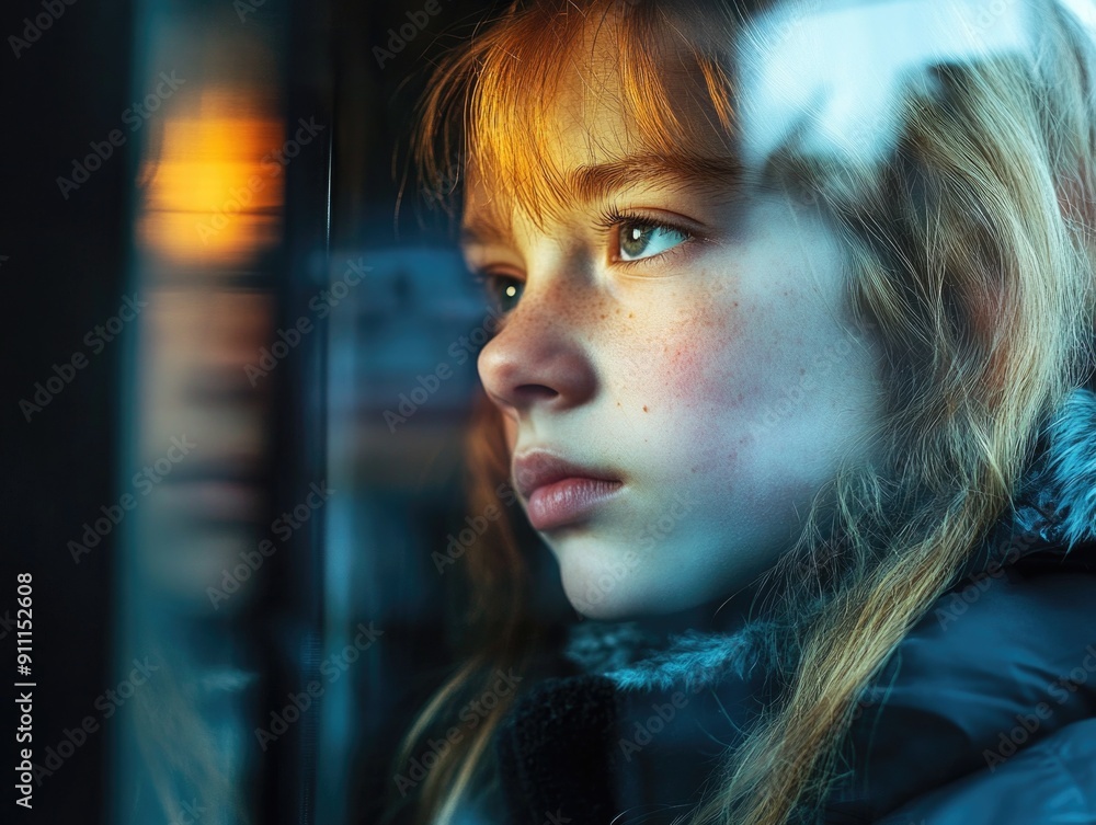 A young girl looking out a window at the street, suitable for editorial or personal use A young girl looking out a window at the street, suitable for editorial or personal use