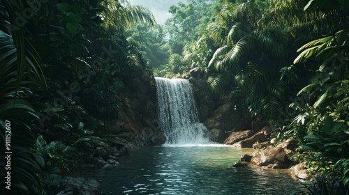 Tranquil Waterfall in a Lush Tropical Rainforest
