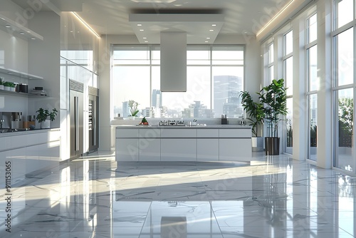 Luxury Modern Kitchen Interior Gray Large Grid Windows