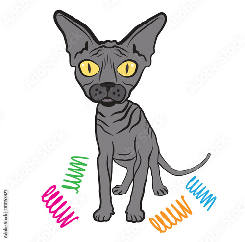 Sphynx hairless cat illustration with his spring toys