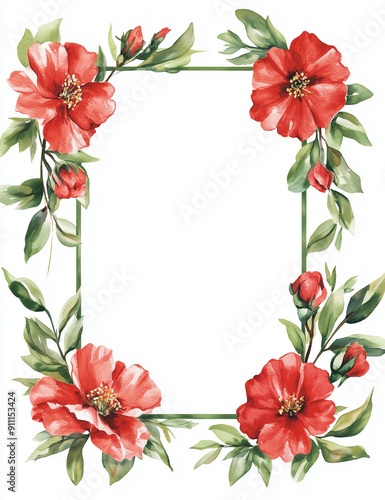 rectangular watercolor floral frame, thin sides, with white background 