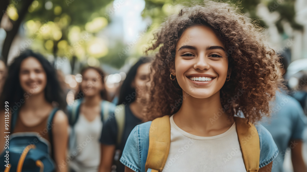Smiling young woman with curly hair and backpack standing with diverse group of friends on urban street, copy space Smiling young woman with curly hair and backpack standing with diverse group of friends on urban street, copy space