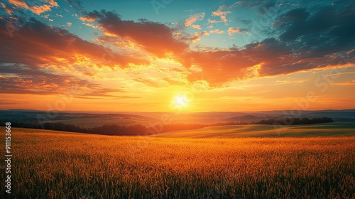 Fototapeta Naklejka Na Ścianę i Meble -  30. Photorealistic summer sunset over a picturesque countryside, with rolling fields and a vibrant orange sky