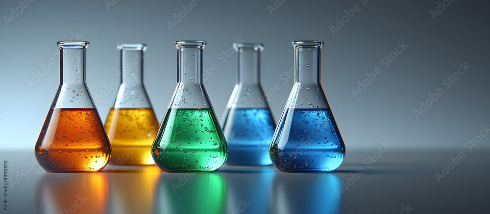 Colourful chemical solutions in glass beakers, perfect for science and laboratory themes. Colourful chemical solutions in glass beakers, perfect for science and laboratory themes.
